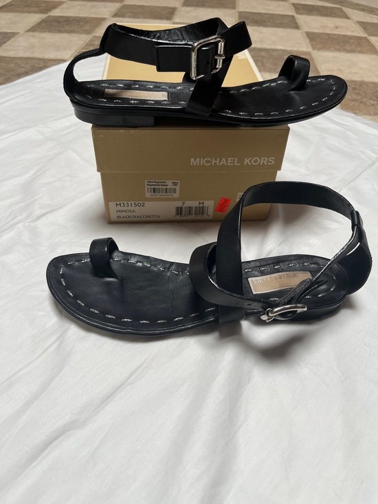 Michael Kors Shoes - Michael Kors Black Leather Ankle-Strap Toe-Loop Sandals Sz 7**